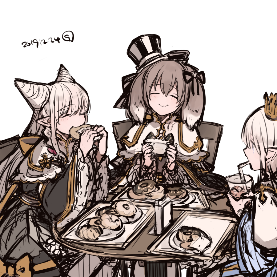 3girls arch_bishop_(ragnarok_online) black_dress black_headwear black_ribbon blue_dress chair closed_eyes closed_mouth commentary_request cone_hair_bun cowboy_shot cross crown cup doughnut dress drinking_straw drinking_straw_in_mouth eating food frilled_dress frilled_sleeves frills hair_between_eyes hair_bun hair_ribbon holding holding_cup kusabi_(aighe) long_bangs mini_crown multiple_girls official_alternate_costume open_mouth ragnarok_online ribbon simple_background smile striped striped_headwear table two-tone_dress white_background white_dress white_headwear