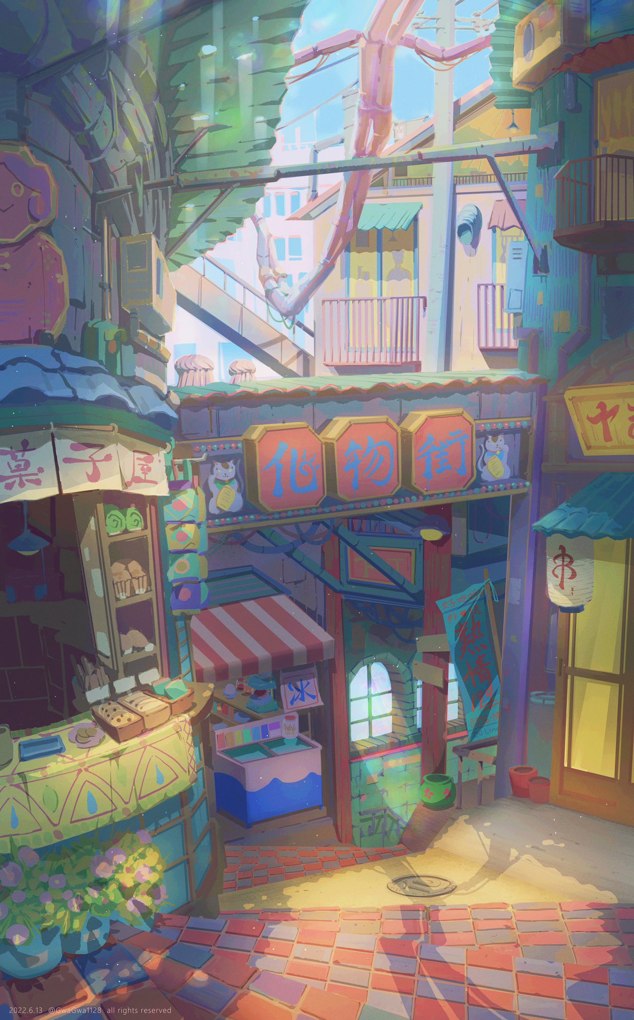 air_conditioner awning balcony banner cityscape copyright dated day drainpipe gwagwagwa highres lantern manhole_cover no_humans outdoors paper_lantern pixiv_username plant potted_plant power_lines railing scenery shadow shop sign stairs sunlight tile_floor tile_roof tiles utility_pole window