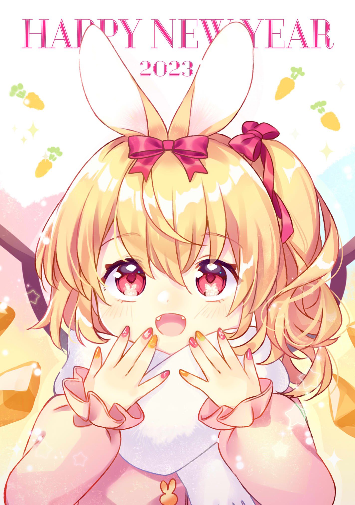 1girl 2023 :d \||/ alternate_costume animal_ears blonde_hair carrot carrot_background crystal fangs flandre_scarlet hair_between_eyes hands_up happy happy_new_year highres looking_up mimi_(mimi_puru) nail_polish no_headwear one_side_up open_mouth pink_eyes rabbit_ears red_nails simple_background smile solo star_(symbol) touhou upper_body white_background wings yellow_nails