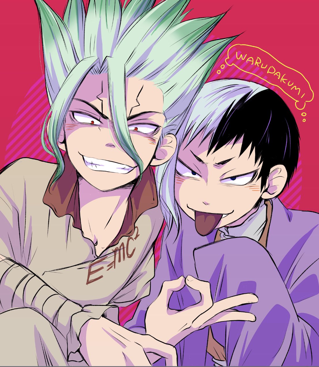 2boys asagiri_gen asymmetrical_hair bandaged_arm bandages black_hair blush coat dr._stone equation evil_grin evil_smile gradient_hair green_hair grin highres ishigami_senkuu male_focus multicolored_hair multiple_boys ok_sign purple_coat red_background red_eyes short_hair smile spiky_hair split-color_hair thought_bubble tongue tongue_out two-tone_hair white_hair yam_(redjest)
