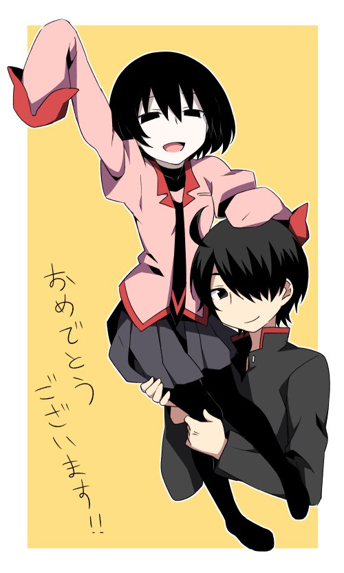 1boy 1girl :d ahoge araragi_koyomi arms_up black_eyes black_hair black_jacket black_necktie black_pantyhose black_skirt black_undershirt bob_cut breasts carrying closed_mouth commentary congratulations cropped_torso empty_eyes full_body gakuran hair_between_eyes hair_over_one_eye hand_on_another's_head hand_rest hands_on_another's_leg jacket juliet_sleeves long_sleeves looking_at_viewer monogatari_(series) naoetsu_high_school_uniform narrowed_eyes necktie no_shoes open_mouth oshino_ougi outside_border pale_skin pantyhose pink_shirt pleated_skirt puffy_sleeves school_uniform shirt short_hair shoutai_(mtj5n) simple_background sitting_on_shoulder skirt sleeves_past_fingers sleeves_past_wrists small_breasts smile translated turtleneck very_long_sleeves yellow_background