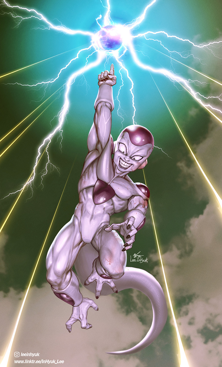 1boy alien arm_up bald black_nails clouds crazy_eyes death_ball_(technique) dragon_ball dragon_ball_z electricity energy_ball frieza full_body green_sky grin highres in-hyuk_lee index_finger_raised male_focus midair muscular muscular_male namek pectorals smile tail teeth veins