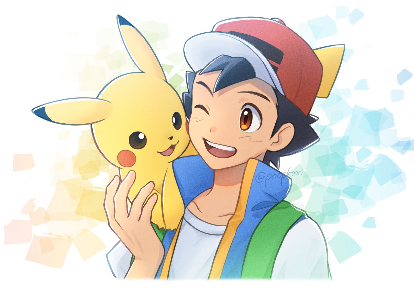 1boy ;d ash_ketchum black_hair blue_jacket brown_eyes commentary_request hand_up happy hat jacket male_focus on_shoulder one_eye_closed open_mouth pikachu pokemon pokemon_(anime) pokemon_(creature) pokemon_journeys pokemon_on_shoulder punico_(punico_poke) red_headwear shirt short_hair short_sleeves sleeveless sleeveless_jacket smile t-shirt teeth tongue twitter_username upper_body upper_teeth_only watermark