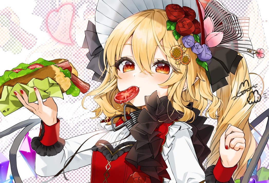 1girl alternate_costume blonde_hair blush bonnet breasts crystal dress eating flandre_scarlet flower food frills gold_trim gotoh510 grey_background hair_between_eyes hair_flower hair_ornament hands_up heart long_sleeves looking_at_viewer medium_hair mouth_hold nail_polish one_side_up orange_eyes pointy_ears red_dress red_nails sandwich simple_background slit_pupils small_breasts solo tomato touhou upper_body wings