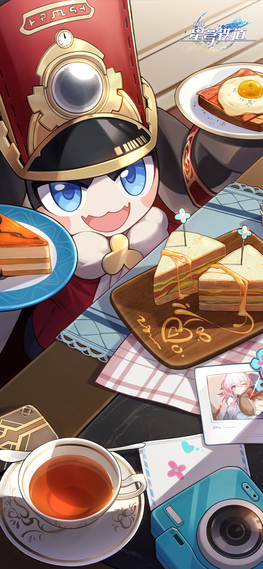 1boy 1girl blue_eyes camera chinese_commentary cup egg food highres holding holding_plate honkai:_star_rail honkai_(series) logo looking_at_viewer march_7th_(honkai:_star_rail) napkin official_art official_wallpaper one_eye_closed open_mouth picture_(object) picture_frame pie pink_hair plate pom-pom_(honkai:_star_rail) red_headwear solo solo_focus table tea teacup toast