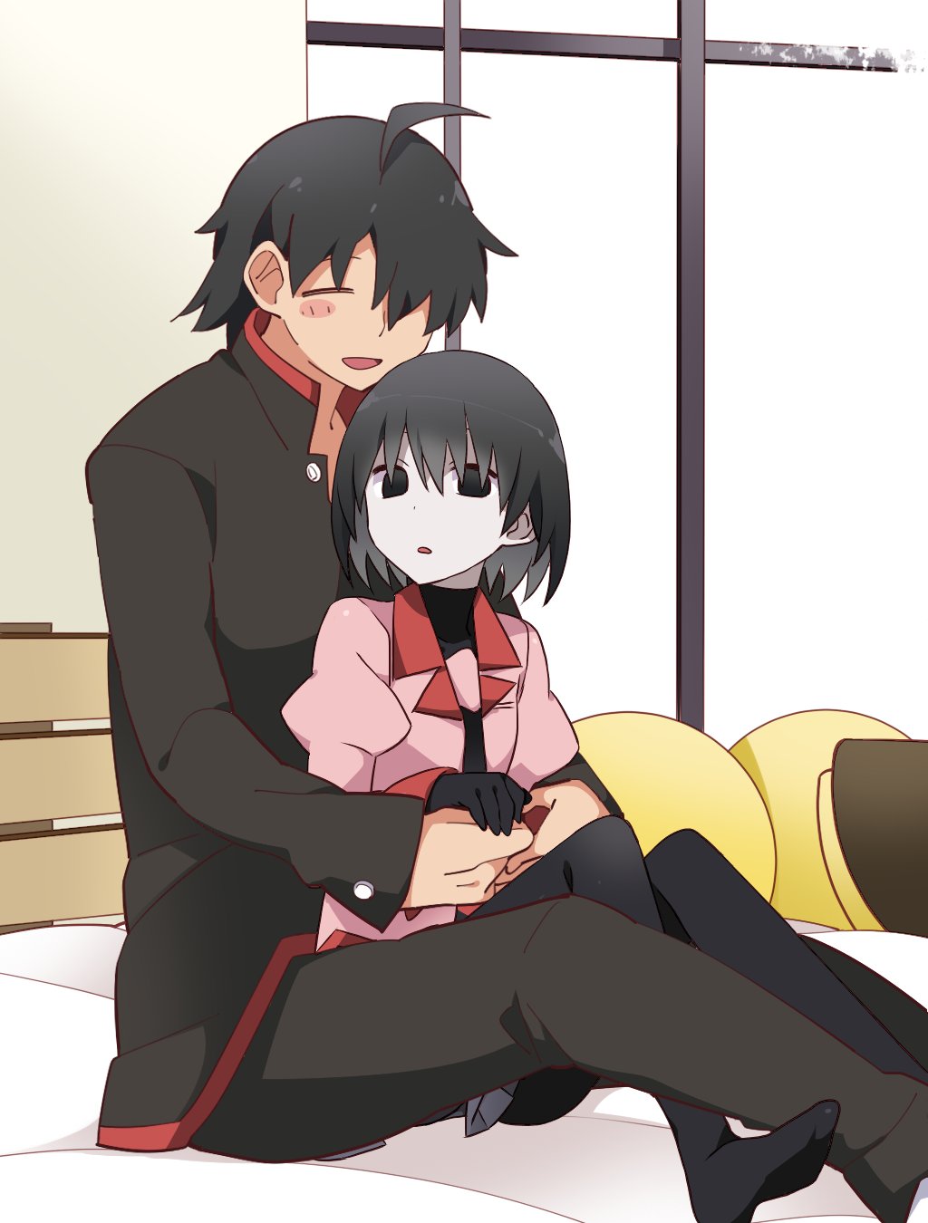 1boy 1girl :d ahoge araragi_koyomi arm_between_legs arms_around_waist bed bed_sheet bedroom black_eyes black_gloves black_hair black_jacket black_necktie black_pants black_pantyhose black_shirt black_undershirt blush blush_stickers bob_cut breasts closed_eyes collaboration colored_skin empty_eyes expressionless feet_out_of_frame front_to_back gakuran gloves grey_skirt hair_over_eyes hair_over_one_eye hammer_(sunset_beach) hand_on_another's_hand headboard hetero highres hug hug_from_behind jacket juliet_sleeves knees_together_feet_apart knees_up long_sleeves looking_at_viewer monogatari_(series) naoetsu_high_school_uniform necktie no_shoes on_bed open_mouth oshino_ougi pale_skin pants pantyhose parted_lips pink_shirt pleated_skirt puffy_sleeves school_uniform second-party_source shirt short_hair shoutai_(mtj5n) sitting skirt small_breasts smile spooning surprised turning_head turtleneck white_skin window