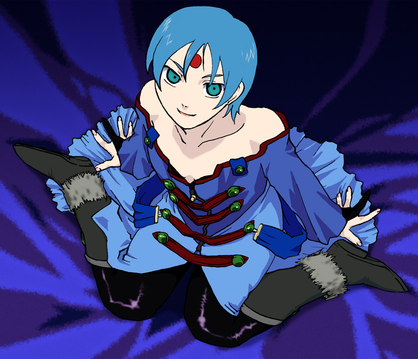 1girl aqua_hair bare_shoulders blue_hair boots bridal_gauntlets brown_footwear facial_mark forehead_mark green_eyes knee_boots pantyhose ryss strapless zoids zoids_chaotic_century