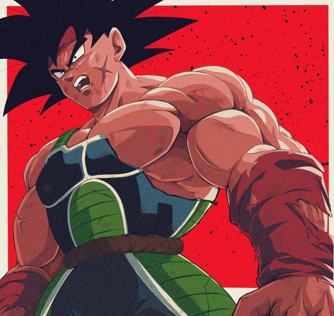 1boy arm_warmers armor bardock bare_shoulders biceps black_eyes black_hair blood border broken_armor bure_(fantasticyouth7) commentary dragon_ball dragon_ball_z headband looking_away male_focus muscular muscular_male open_mouth outside_border pectorals red_background red_headband saiyan_armor scar scar_on_cheek scar_on_face scratches simple_background solo spiky_hair teeth torn_clothes upper_body v-shaped_eyebrows veins white_border