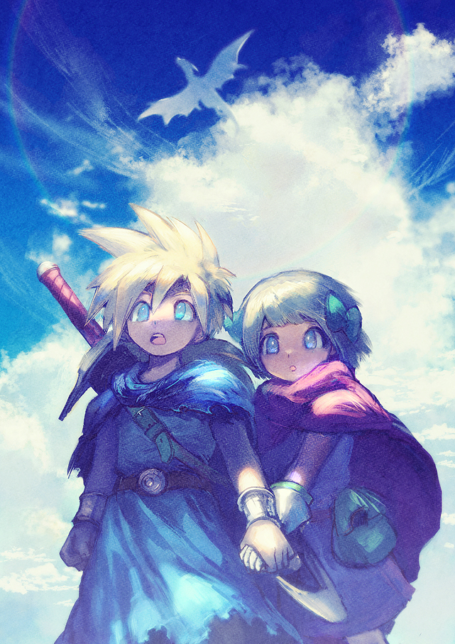 1boy 1girl belt blonde_hair blue_cloak blue_eyes blue_sky bow bracelet brother_and_sister cape cloak clouds cloudy_sky cowboy_shot day dragon dragon_quest dragon_quest_v dress female_child gloves green_bow hair_bow hero's_daughter_(dq5) hero's_son_(dq5) holding_hands jewelry long_hair low_ponytail male_child open_mouth outdoors parted_lips pink_cloak purple_cloak short_hair siblings sky spiky_hair sword teeth torn_clothes tunic twins upper_teeth_only weapon weapon_on_back white_gloves yuza