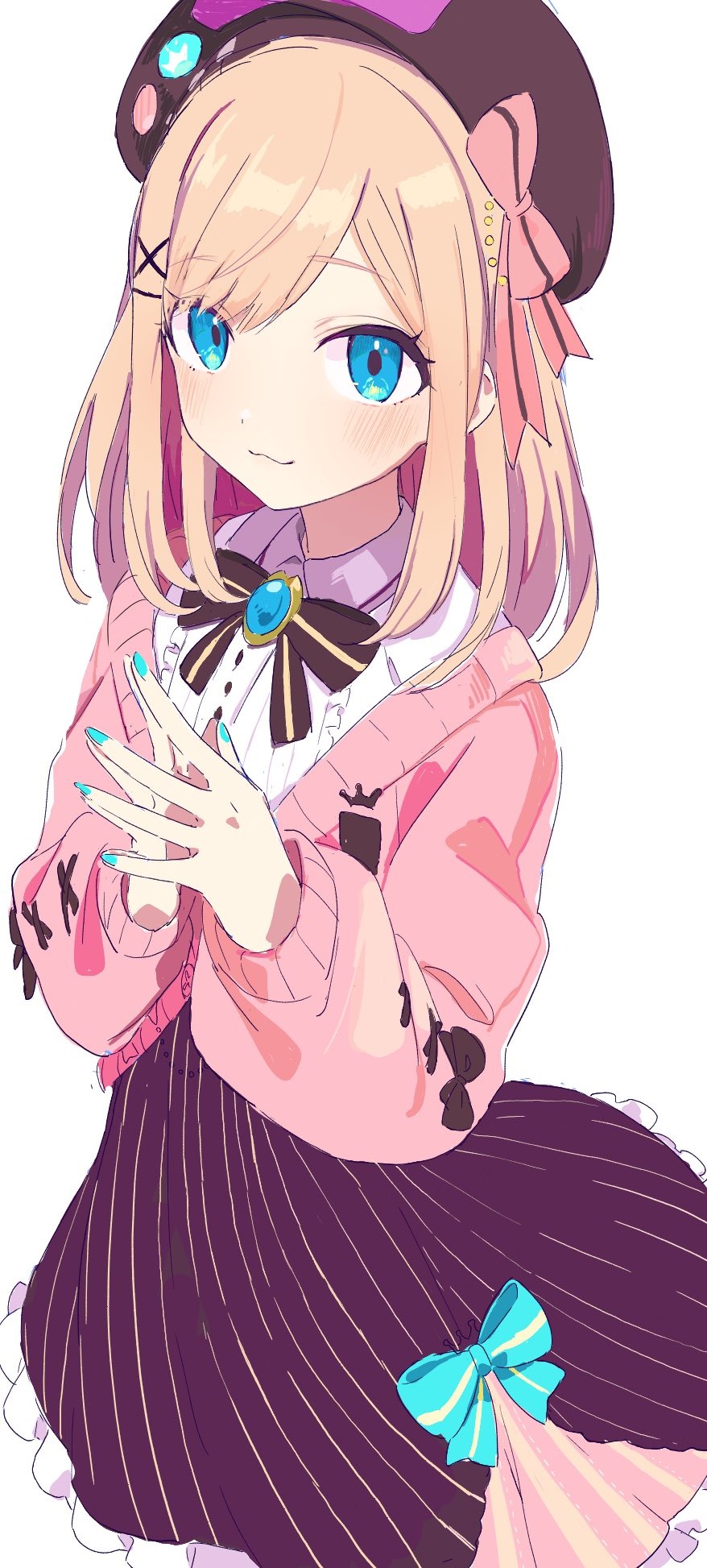 1girl :3 blonde_hair blue_bow blue_eyes blue_nails blush bow bowtie brown_bow brown_bowtie cardigan closed_mouth commentary_request dress hair_bow hibimegane highres looking_at_viewer medium_hair nijisanji pink_bow pink_cardigan purple_headwear simple_background solo steepled_fingers suzuhara_lulu white_background