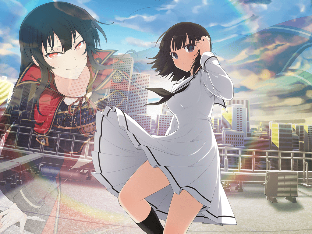 2girls armor armored_dress black_eyes black_hair black_socks blue_sky blush breasts building city cityscape closed_mouth clouds day dress dual_persona japanese_armor kagura_(senran_kagura) kneehighs large_breasts long_hair long_sleeves looking_at_viewer multiple_girls official_art on_rooftop pleated_dress rainbow red_eyes rooftop sailor_collar sailor_dress school_uniform senran_kagura senran_kagura_new_link short_hair sky skyscraper smile socks symbol-shaped_pupils third-party_source white_dress white_sailor_collar yaegashi_nan