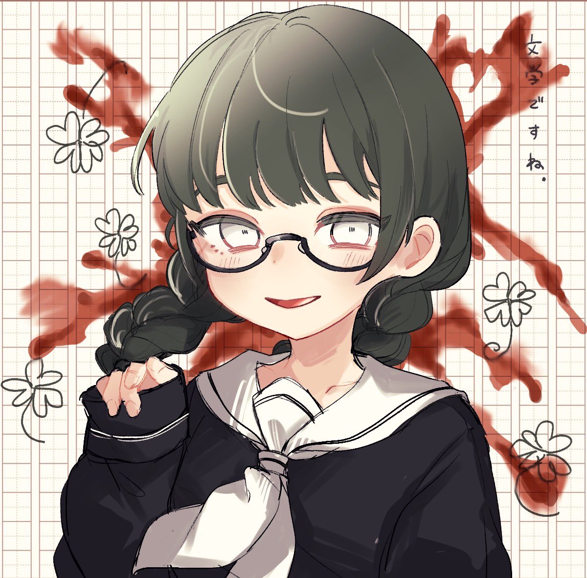 1girl black_shirt blood blood_stain braid clover clover_knight_(vocaloid) collarbone commentary_request empty_eyes floating_hair four-leaf_clover genkou_youshi glasses gradient_hair green_hair half-closed_eyes hand_up light_blush long_hair looking_at_viewer mitouka multicolored_hair neckerchief open_mouth raised_eyebrows sailor_collar school_uniform semi-rimless_eyewear serafuku shirt sleeves_past_wrists smile solo translation_request twin_braids upper_body white_eyes white_neckerchief white_sailor_collar
