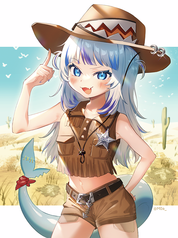 1girl :d adjusting_clothes adjusting_headwear arm_up bare_shoulders belt blue_eyes blue_nails blue_sky brown_shorts cactus cowboy cowboy_hat cowboy_shot fang fins fish_tail gawr_gura grass hair_ornament hat hololive hololive_english long_hair midriff moa_(21energy12) multicolored_hair nail_polish navel outdoors shark_girl shark_hair_ornament shark_tail sheriff_badge short_shorts short_twintails shorts skin_fang sky smile solo stomach streaked_hair tail twintails virtual_youtuber white_hair