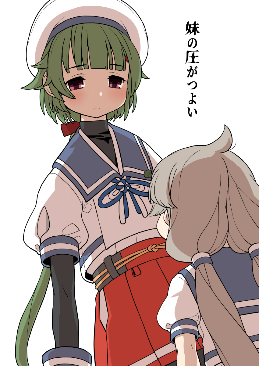 2girls blue_sailor_collar green_hair grey_hair harukaze_unipo hat height_difference highres kantai_collection layered_sleeves long_hair low_ponytail low_twintails mikura_(kancolle) multiple_girls noumi_(kancolle) pleated_skirt red_eyes red_skirt sailor_collar sailor_hat sailor_shirt shirt simple_background skirt translation_request twintails undershirt white_background white_headwear white_shirt
