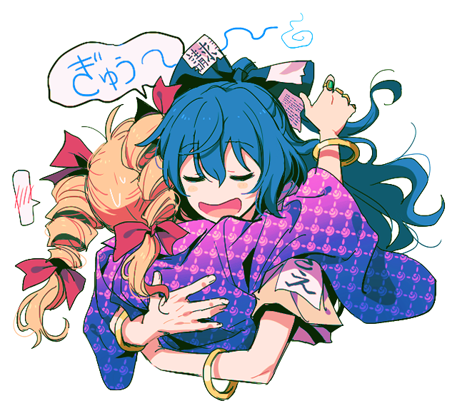2girls arm_up bangle blue_bow blue_hair blush_stickers bow bracelet closed_eyes cropped_torso dark_blue_hair debt drill_hair facing_away facing_viewer from_behind hair_between_eyes hair_bow hitodama hug jewelry long_hair long_sleeves multiple_girls multiple_rings no_nose open_mouth orange_hair re_ghotion red_bow ring short_sleeves siblings simple_background sisters smile speech_bubble spoken_blush sweat touhou twin_drills twintails u_u upper_body white_background wide_sleeves yorigami_jo'on yorigami_shion