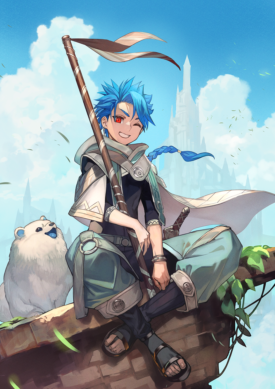1boy asymmetrical_bangs black_footwear black_shirt black_socks blue_hair bracelet braid braided_ponytail capelet cu_chulainn_(fate) dagger day dog earrings fate/grand_order fate/grand_order_arcade fate_(series) green_pants grin highres holding holding_staff hood hooded_capelet jewelry knife lack long_hair looking_at_viewer male_child male_focus one_eye_closed open_mouth outdoors pants plant ponytail puffy_pants red_eyes samoyed_(dog) sandals setanta_(fate) shirt sitting sleeves_past_elbows smile socks solo spiky_hair staff toeless_legwear weapon white_wolf
