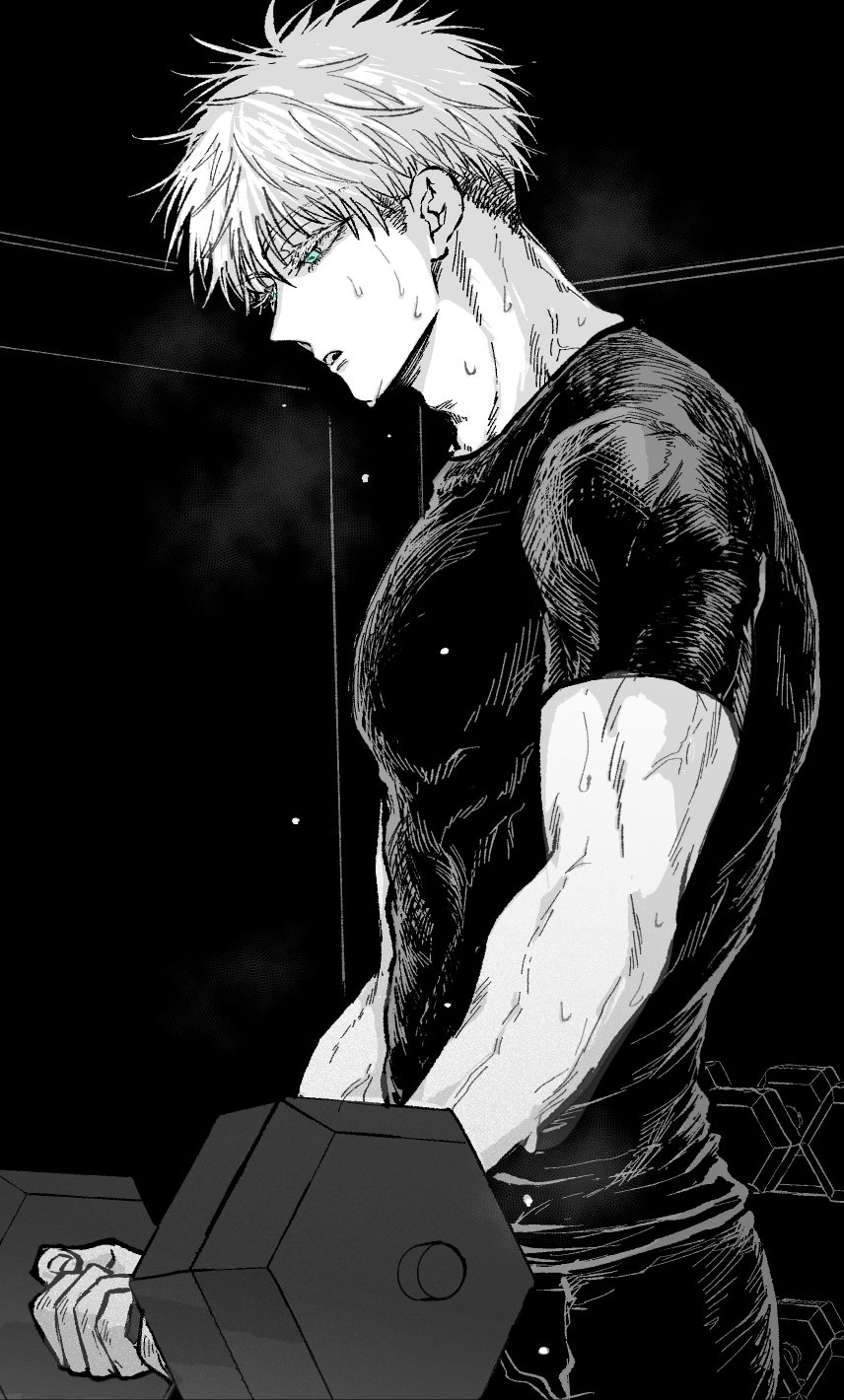 1boy blue_eyes cowboy_shot exercise gojou_satoru highres indoors jujutsu_kaisen looking_away male_focus monochrome muscular muscular_male nay_bb open_mouth pants shirt short_hair short_sleeves solo spot_color standing sweat weightlifting