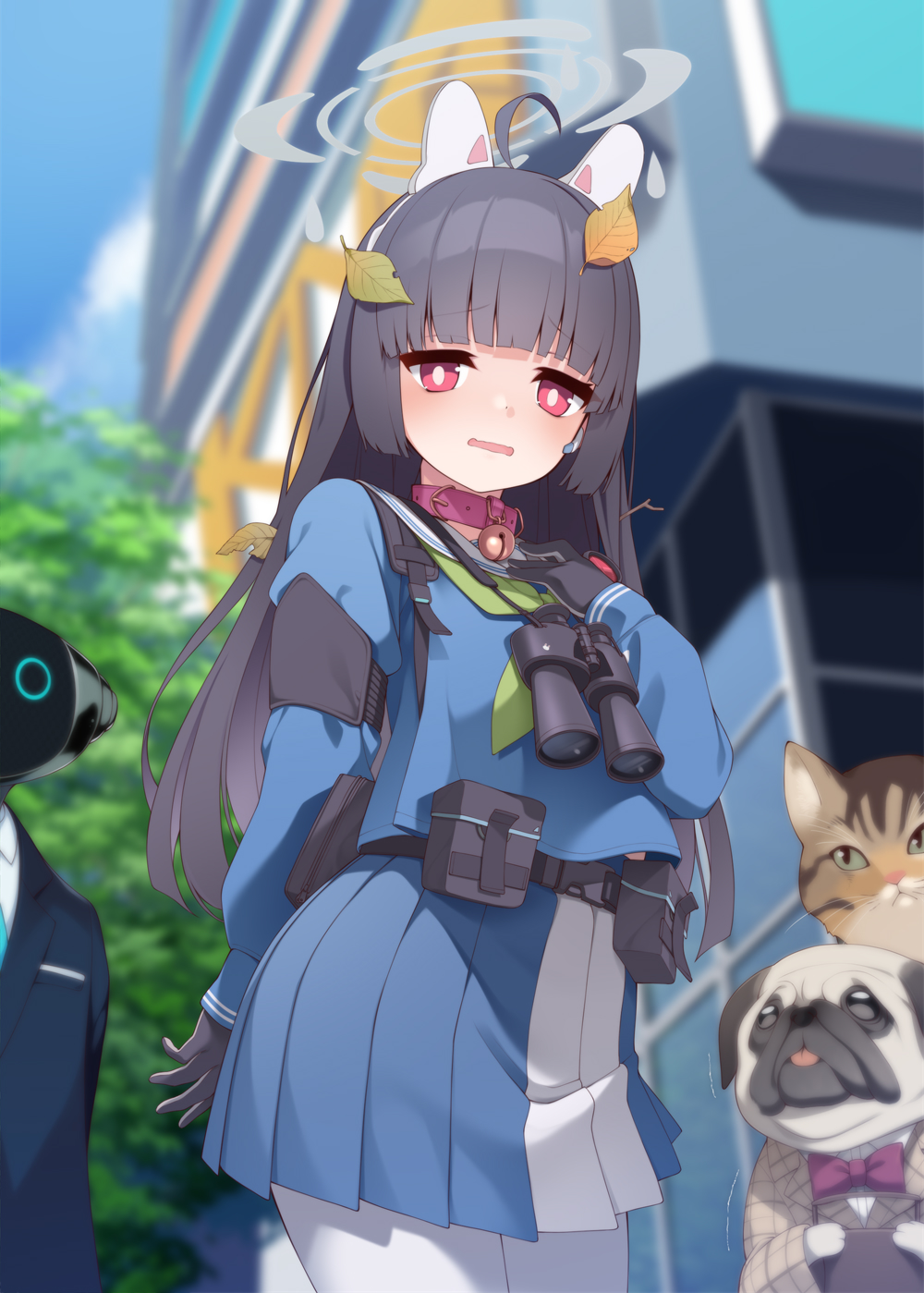 1girl 3boys ahoge android_(blue_archive) animal_ears armband bell belt belt_collar binoculars black_gloves black_hair blue_archive blue_sky blunt_bangs building cat clouds cloudy_sky collar commentary_request dog fake_animal_ears furry furry_with_non-furry gloves hairband halo highres interspecies leaf leaf_on_head long_hair long_sleeves looking_at_viewer miyu_(blue_archive) mofu_namako multiple_boys neck_bell outdoors pantyhose pleated_skirt rabbit_ears red_eyes school_uniform serafuku shoulder_strap sidelocks skirt sky skyscraper white_pantyhose