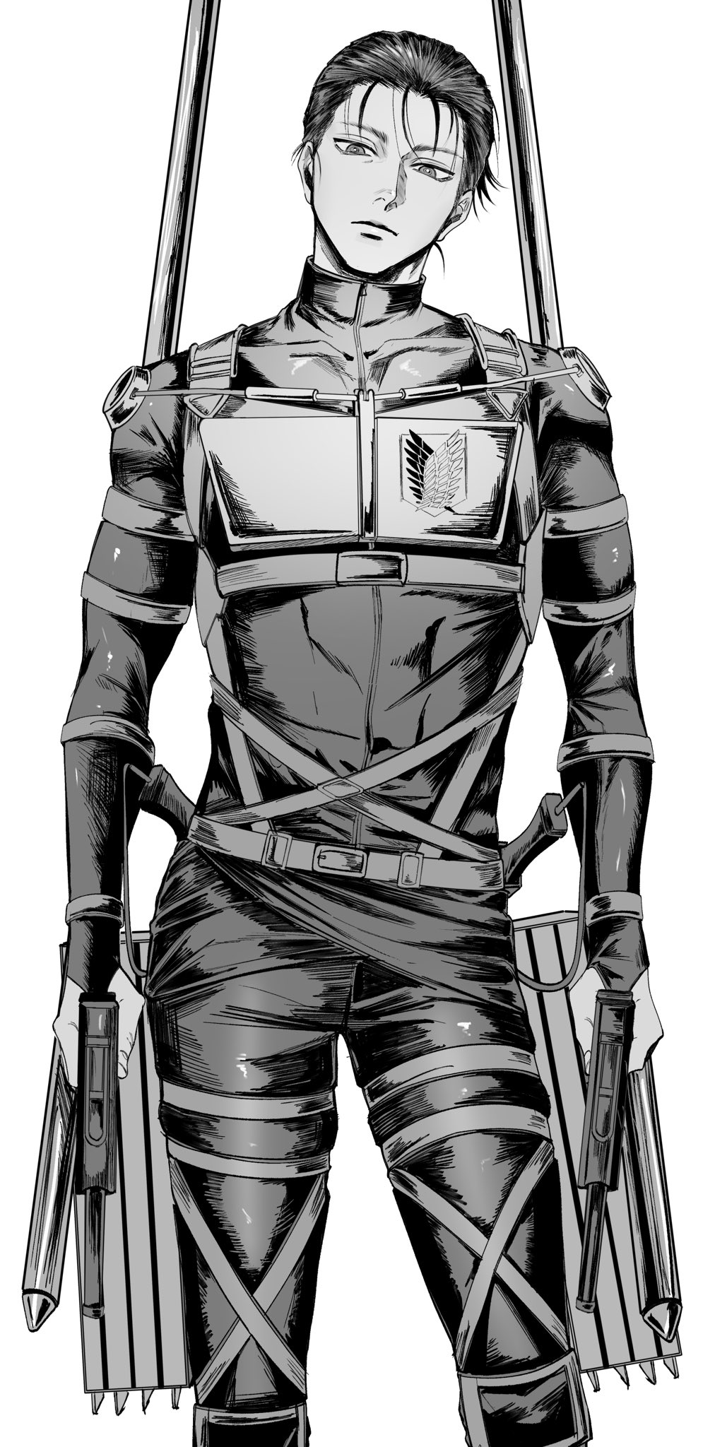 1boy bodysuit closed_mouth cowboy_shot eren_yeager greyscale gun highres holding holding_gun holding_weapon long_sleeves looking_down male_focus monochrome shingeki_no_kyojin short_hair simple_background solo standing three-dimensional_maneuver_gear tsurime weapon yofu_(0042_2400)