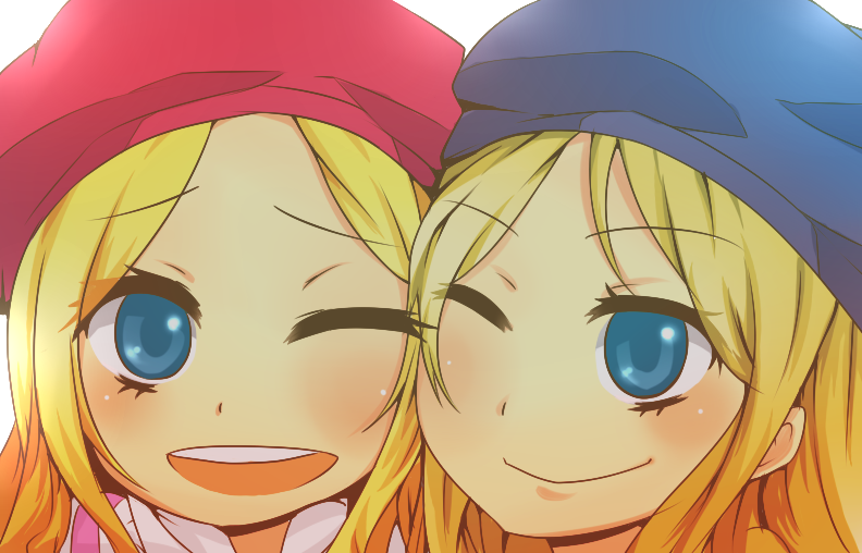 2girls beret blonde_hair blue_eyes child closed_mouth commentary_request female_child fremea_seivelun frenda_seivelun grey_headwear hat i.u.y light_blush long_hair multiple_girls one_eye_closed open_mouth red_headwear siblings sisters smile teeth toaru_majutsu_no_index toaru_majutsu_no_index:_new_testament upper_teeth_only