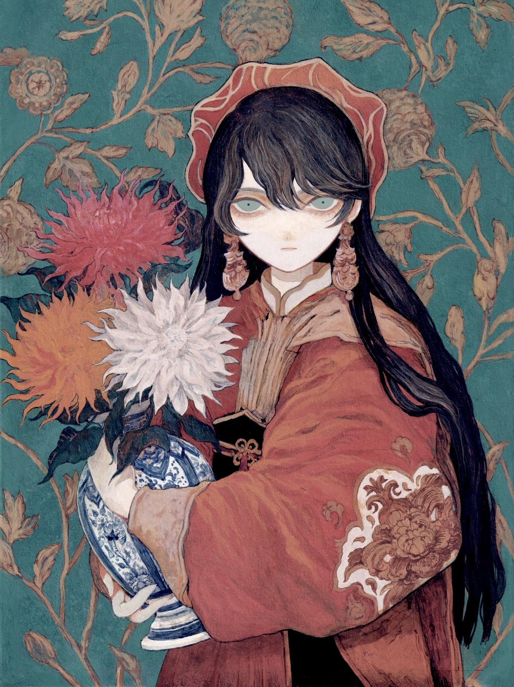 1girl acrylic_paint_(medium) aqua_background black_hair closed_mouth commentary constricted_pupils earrings expressionless floral_background flower grey_eyes highres holding holding_flower holding_vase jacket jewelry long_hair long_sleeves looking_at_viewer obi orange_flower original painting_(medium) red_flower red_headwear red_jacket sash shisu_tk solo standing swept_bangs traditional_media upper_body vase white_flower