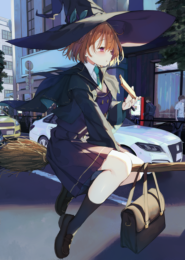 1girl aqua_necktie bag between_legs black_footwear blush broom broom_riding brown_hair building buttons car collared_shirt commentary_request cropped_jacket double-breasted eating feet_up food from_side full_body green_jacket hair_between_eyes hand_between_legs hat holding holding_food jacket kamizaki_hibana large_hat loafers long_bangs long_sleeves looking_ahead motor_vehicle necktie one_eye_closed original outdoors people pleated_skirt purple_shirt purple_skirt road road_sign school_bag school_uniform shirt shoes short_hair sign skirt socks solo_focus street teena_(kamizaki_hibana) toyota_crown tree violet_eyes white_shirt window witch witch_hat
