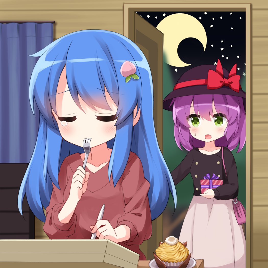 2girls alternate_costume alternate_eye_color bag birthday black_headwear black_shirt blue_hair bow box casual closed_eyes collarbone commentary crescent_moon food food-themed_hair_ornament fork gift gift_box green_eyes hair_ornament hat hat_bow hinanawi_tenshi holding holding_fork holding_gift holding_stylus indoors long_hair long_sleeves looking_at_another moon multiple_girls nagae_iku night open_mouth peach_hair_ornament purple_hair red_bow ruu_(tksymkw) shirt short_hair shoulder_bag sky star_(sky) starry_sky stylus touhou utensil_in_mouth