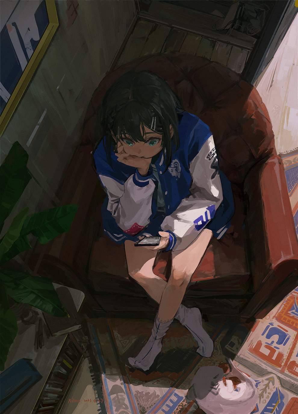 1girl armchair artist_name bare_legs black_hair blue_jacket book bookshelf casual cellphone chair chinese_commentary commentary crossed_legs dated elbow_rest from_above green_eyes hair_between_eyes hair_ornament hairclip head_rest highres holding holding_phone indoors jacket letterman_jacket looking_at_object multicolored_clothes multicolored_jacket no_shoes original phone picture_frame pursed_lips rug shaded_face shadow sidelighting signature sitting smartphone socks solo two-tone_jacket white_jacket white_socks wooden_floor xilmo