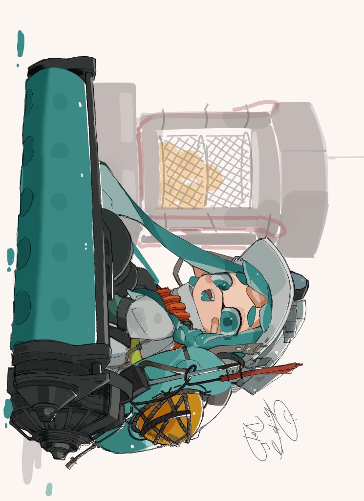 1girl artist_name asymmetrical_hair blue_eyes blue_hair braid chiikama_(plus67kt) commentary_request dynamo_roller_(splatoon) elbow_gloves english_text fangs gloves golden_egg green_gloves happy helmet holding holding_weapon inkling inkling_girl jumpsuit lifebuoy long_hair looking_at_viewer open_mouth radio_antenna salmon_run_(splatoon) sidelocks sideways signature single_braid smile solo splatoon_(series) splatoon_3 teeth tentacle_hair tentacles twintails weapon white_background white_headwear white_jumpsuit