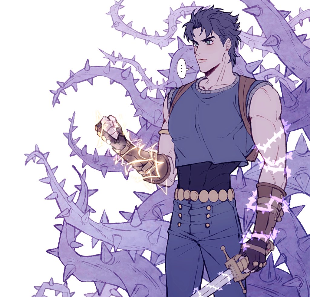 ... 1boy abs backpack bag belt blue_eyes blue_hair clenched_hand closed_mouth commentary_request electricity fingerless_gloves gloves hako_iix07 hamon hermit_purple holding holding_sword holding_weapon jojo_no_kimyou_na_bouken jonathan_joestar luck_and_pluck male_focus muscular muscular_male phantom_blood plant short_hair solo spoken_ellipsis stand_(jojo) standing sword vines weapon white_background