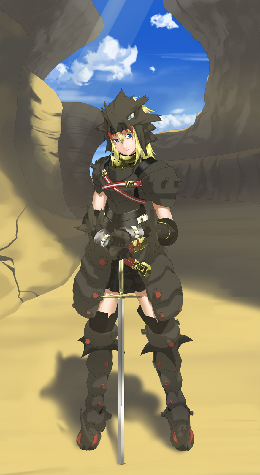 1girl armor armored_boots black_skirt blonde_hair blue_eyes blue_sky boots breastplate closed_mouth clouds commentary_request crack day desert faulds fuhak full_body gauntlets gravios_(armor) hair_between_eyes highres holding holding_sword holding_weapon light_rays long_bangs long_hair looking_at_viewer monster_hunter_(series) monster_hunter_4_g outdoors pauldrons planted planted_sword sand shoulder_armor skirt sky smile solo standing sunbeam sunlight sword weapon