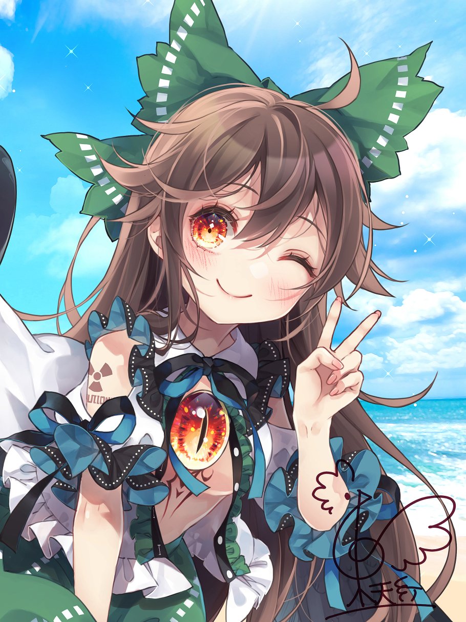 1girl ;) ahoge bow breasts brown_hair cape chest_jewel clouds day frills green_bow hair_bow hand_up highres horizon long_hair medium_breasts one_eye_closed orange_eyes outdoors radiation_symbol red_eyes reiuji_utsuho signature smile solo sparkle touhou toutenkou v very_long_hair