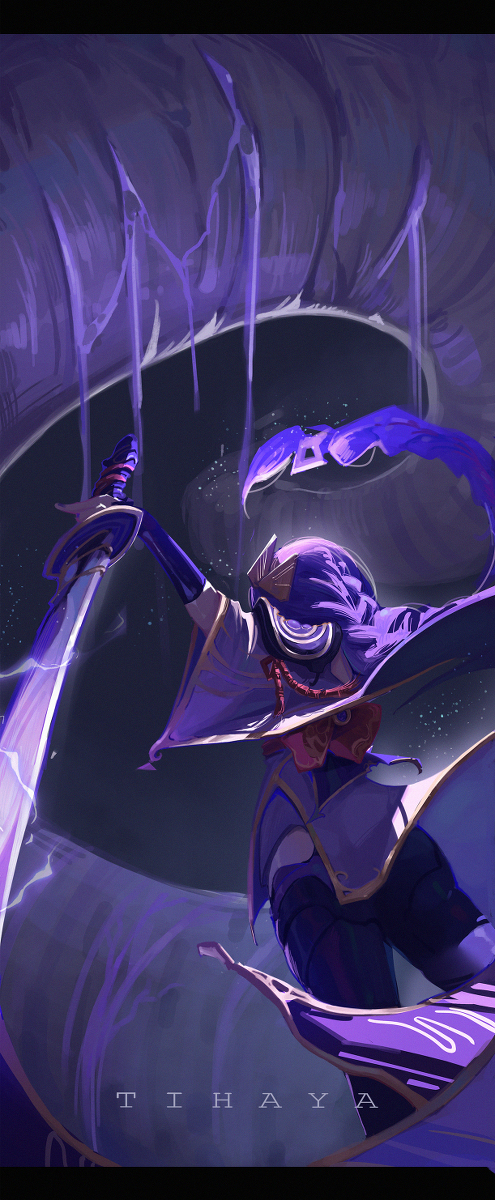 1girl artist_name back braid braided_ponytail dragon dragon_tail genshin_impact glowing glowing_hair glowing_weapon hair_ornament highres holding holding_weapon japanese_clothes long_braid long_hair looking_up purple_background purple_hair raiden_shogun single_braid solo tail tihaya79819512 weapon