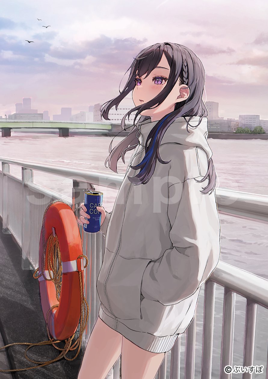 1girl bare_legs black_hair blush boat braid can copyright cowboy_shot daluto_(hitomi555) from_side highres holding holding_can ichinose_uruha looking_up multicolored_hair parted_lips side_braid solo streaked_hair sweater violet_eyes virtual_youtuber vspo! watercraft watermark zipper