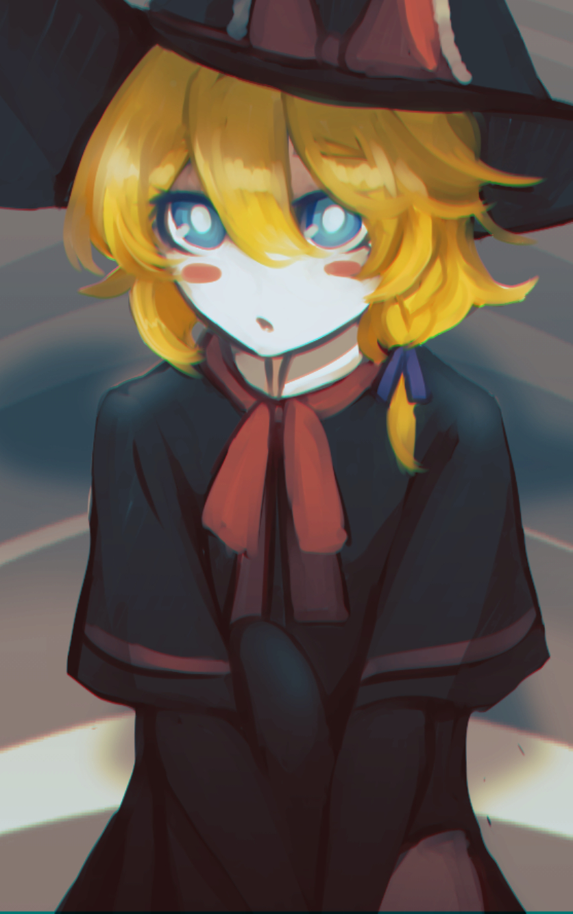 1girl :o black_capelet black_gloves black_headwear blonde_hair blue_eyes blush_stickers bow bowtie braid bright_pupils capelet commentary_request cookie_(touhou) elbow_gloves expressionless gloves hair_between_eyes hair_bow hat hat_bow highres kirisame_marisa long_bangs looking_at_viewer lsnsn meguru_(cookie) open_mouth purple_bow red_bow red_bowtie side_braid single_braid solo touhou upper_body white_pupils witch_hat