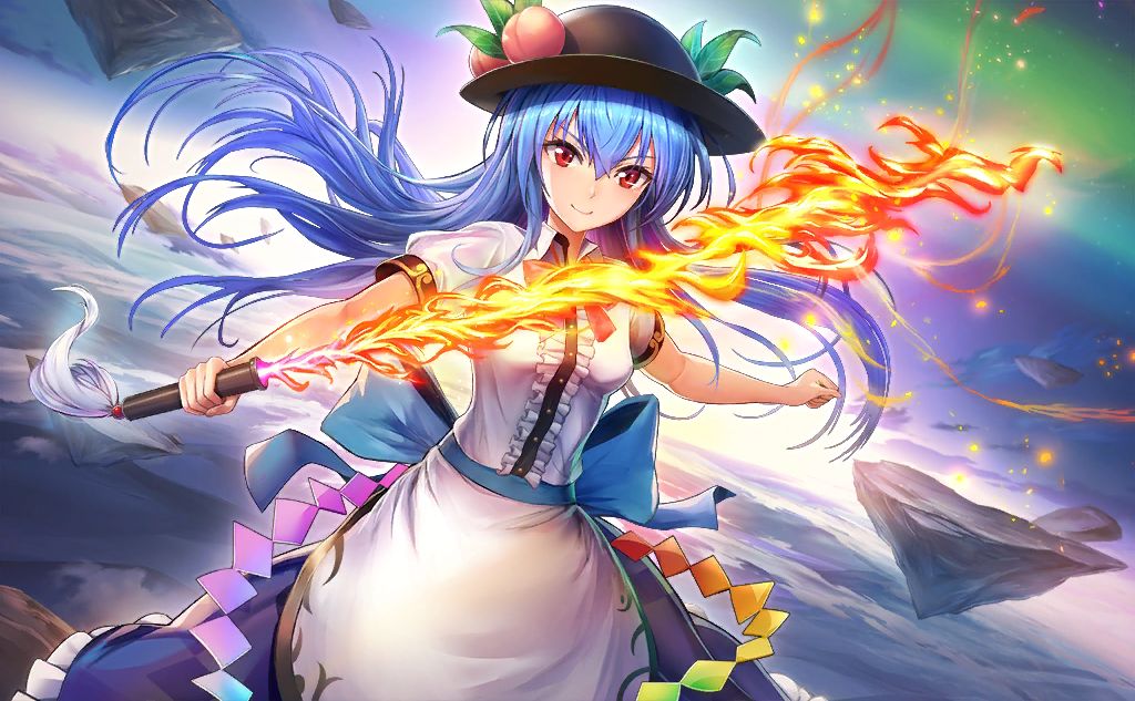 1girl artist_request black_headwear blue_hair blue_skirt center_frills closed_mouth food frills fruit hinanawi_tenshi holding holding_sword holding_weapon leaf light_particles long_hair looking_at_viewer outdoors peach rainbow_gradient red_eyes shirt skirt smile solo sword sword_of_hisou third-party_source touhou touhou_cannonball weapon white_shirt