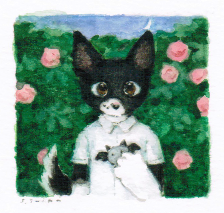 1boy animal_ears animal_nose arm_at_side black_fur black_tail body_fur border brown_eyes bush collared_shirt commission crescent_moon dog_boy dog_ears dog_tail flower furry furry_male hand_up holding holding_stuffed_toy looking_at_viewer male_focus moon original outdoors painting_(medium) pink_flower pink_rose rose rose_bush rounded_corners scenery shirt short_sleeves snout solo straight-on stuffed_animal stuffed_bat stuffed_toy tail tail_raised toshoneko traditional_media two-tone_fur two-tone_tail upper_body white_border white_shirt wing_collar