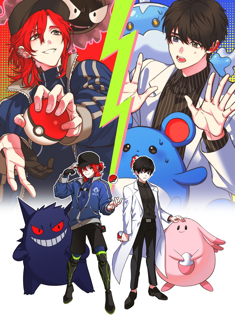 2boys baseball_cap black_footwear black_headwear black_pants black_shirt black_shorts blue_eyes blue_jacket chansey collared_shirt commentary_request crossover ear_piercing earrings eoduun_badaui_deungbul-i_doeeo full_body gastly gengar grey_eyes hand_on_another's_head hands_up hat heterochromia highres holding holding_poke_ball jacket jellicent jellicent_(male) jewelry kim_jaehee korean_commentary lab_coat long_hair long_sleeves male_focus marill multiple_boys open_mouth padakpadak_88 pants park_moo-hyun piercing poke_ball poke_ball_(basic) pokemon pokemon_(creature) prosthesis prosthetic_fingers prosthetic_leg redhead shirt shoes short_hair shorts smile standing striped striped_shirt vertical-striped_shirt vertical_stripes