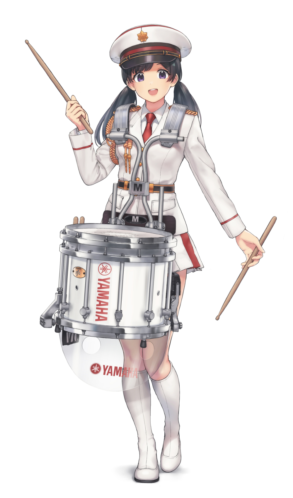 1girl aiguillette belt black_hair boots breasts collared_shirt drum drumsticks full_body genso hat highres holding instrument jacket long_hair long_sleeves looking_at_viewer marching_band military military_uniform miniskirt necktie open_mouth original peaked_cap pleated_skirt product_placement red_necktie shirt simple_background skirt small_breasts smile snare_drum solo standing teeth twintails uniform violet_eyes white_background white_footwear white_headwear white_jacket white_shirt white_skirt yamaha