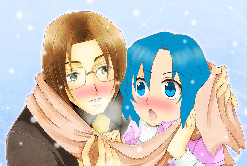 blue_eyes blue_hair blush brown_hair chie_rumiko couple glasses higurashi_no_naku_koro_ni irie_kyousuke light_blush non-web_source nose_blush sky snow snowflakes snowing