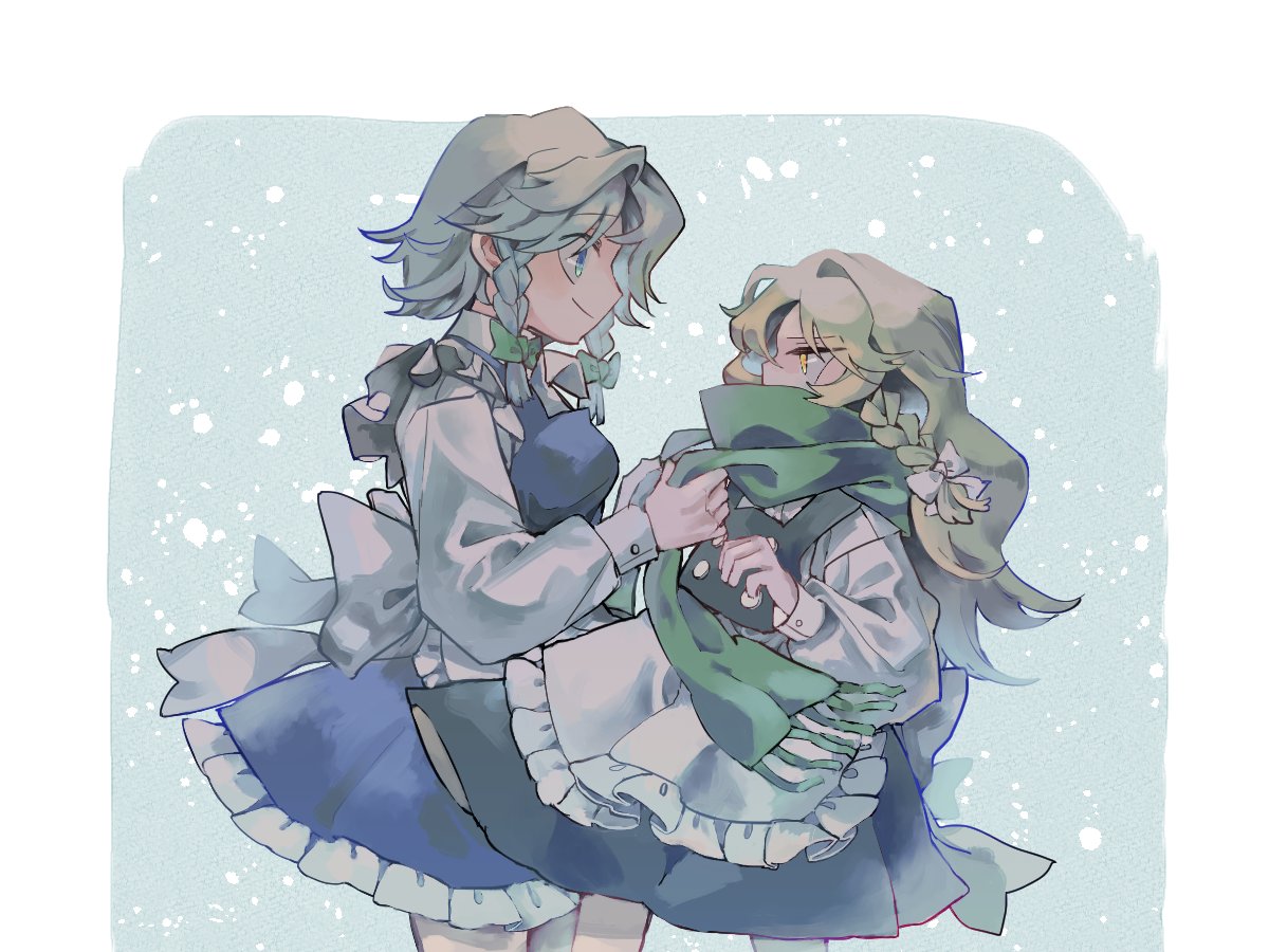 2girls adjusting_another's_clothes apron black_dress blonde_hair blue_dress blue_eyes border bow braid dress green_bow green_scarf grey_hair hair_bow izayoi_sakuya kirisame_marisa looking_at_another maid maid_apron multiple_girls nunrb scarf single_braid smile snowing touhou twin_braids white_apron white_border white_bow yellow_eyes