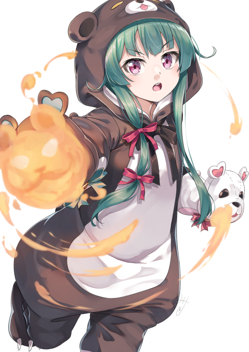 1girl animal_costume animal_ears animal_hood bear_costume bear_ears bear_hood black_bow bow commentary_request fake_animal_ears green_hair hair_bow hand_puppet hood hood_up kuma_kuma_kuma_bear long_hair looking_at_viewer miri_(ago550421) open_mouth puppet red_bow simple_background solo standing standing_on_one_leg v-shaped_eyebrows very_long_hair violet_eyes white_background yuna_(kuma_kuma_kuma_bear)