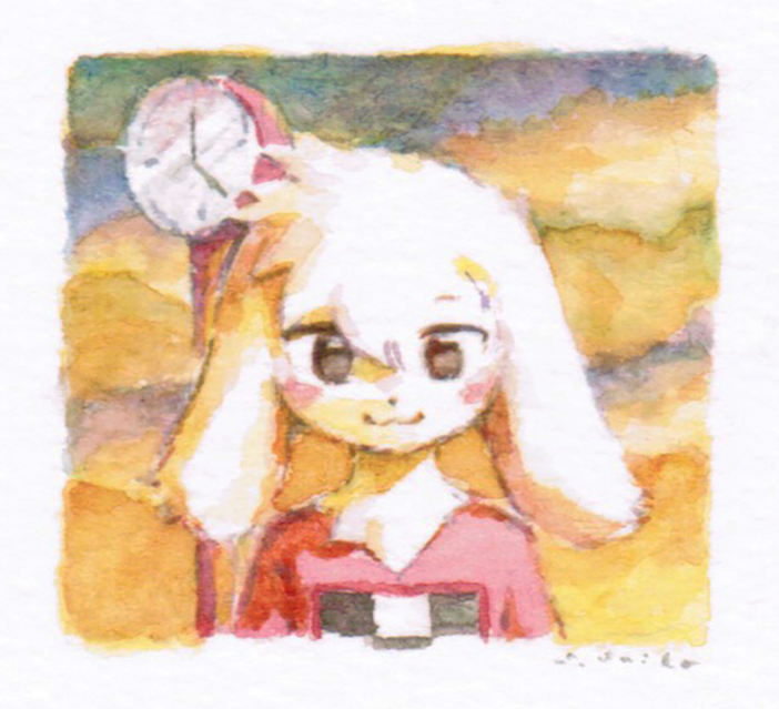 1other :3 ambiguous_gender analog_clock animal_ears animal_nose blush_stickers body_fur border borrowed_character borrowed_clothes brown_eyes clock close-up closed_mouth commission english_commentary floppy_ears furry furry_other hair_between_eyes looking_at_viewer madotsuki mountainous_horizon no_pupils original outdoors painting_(medium) pink_shirt print_shirt rabbit_ears rounded_corners shirt solo straight-on sunset toshoneko traditional_media upper_body white_border white_fur yume_nikki