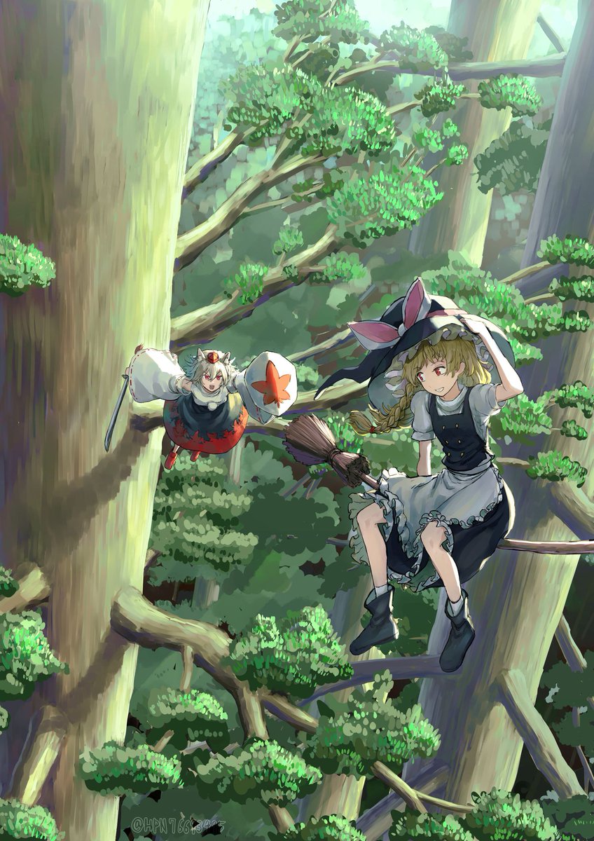 2girls animal_ears apron bare_shoulders black_footwear black_headwear black_skirt black_vest blonde_hair braid broom broom_riding detached_sleeves forest frilled_apron frilled_skirt frills grey_hair harapan-kun hat highres holding holding_shield holding_sword holding_weapon inubashiri_momiji japanese_clothes kirisame_marisa long_hair multiple_girls nature outdoors red_eyes red_headwear red_skirt ribbed_sweater shield shirt shoes short_sleeves single_braid skirt socks sweater sword tokin_hat touhou tree unfinished_dream_of_all_living_ghost vest waist_apron weapon white_apron white_shirt white_sleeves white_socks wide_sleeves witch_hat wolf_ears