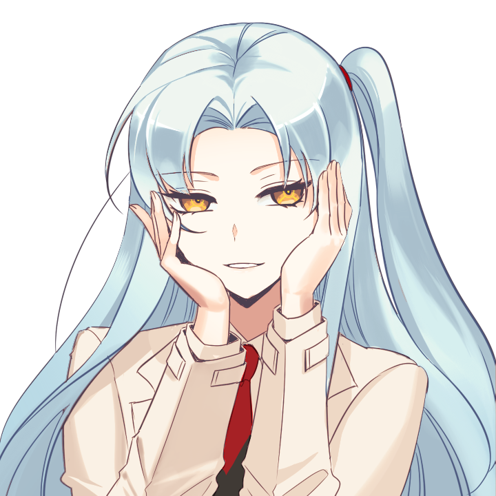 1girl angela_(project_moon) black_vest blue_hair commentary_request grin hands_on_own_cheeks hands_on_own_face ktsis lab_coat light_blue_hair lobotomy_corporation long_hair long_sleeves looking_at_viewer necktie parted_bangs project_moon red_necktie shirt side_ponytail simple_background smile solo transparent_background vest white_shirt