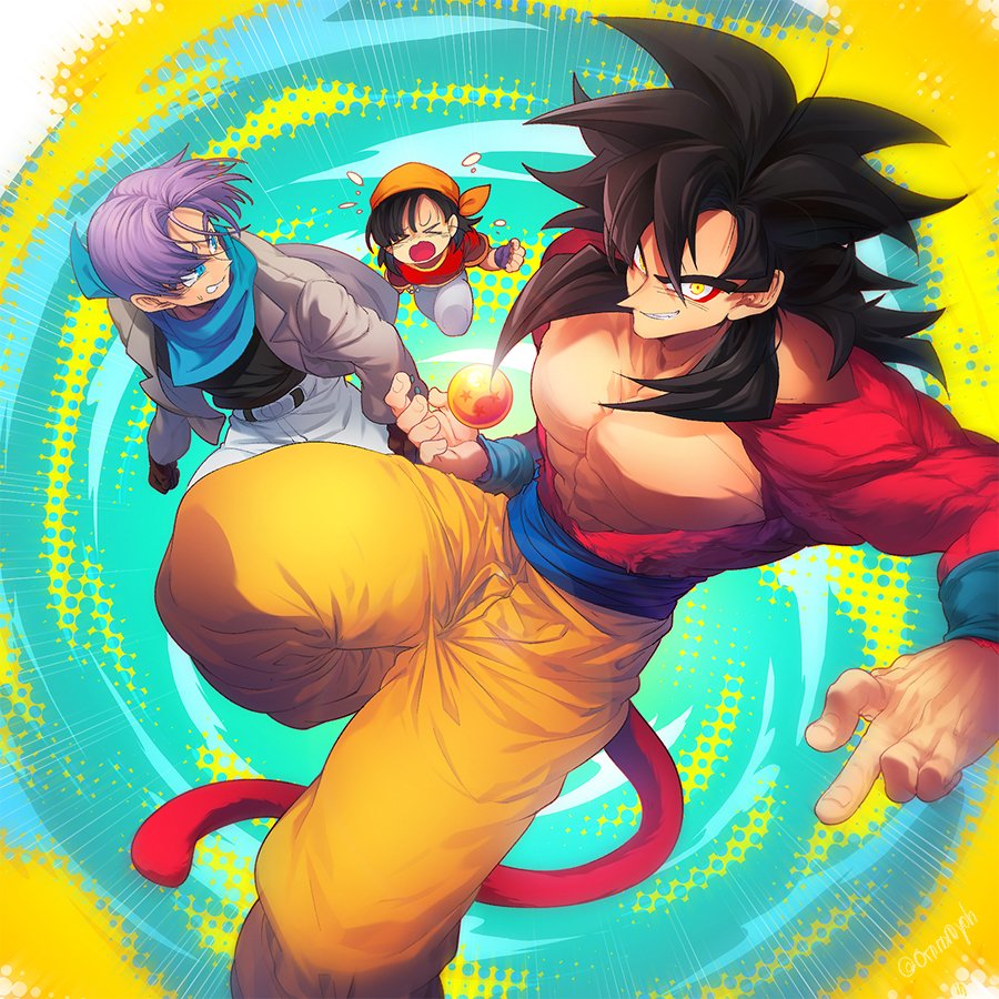 1girl 2boys bandana belt black_hair blue_eyes blue_sash closed_mouth dougi dragon_ball dragon_ball_(object) dragon_ball_gt female_child gloves grandfather_and_granddaughter long_hair looking_at_viewer monkey_boy monkey_tail multiple_boys ommmyoh open_mouth orange_bandana pan_(dragon_ball) pants red_fur saiyan sash short_hair smile son_goku spiky_hair super_saiyan super_saiyan_4 tail trunks_(dragon_ball) yellow_pants