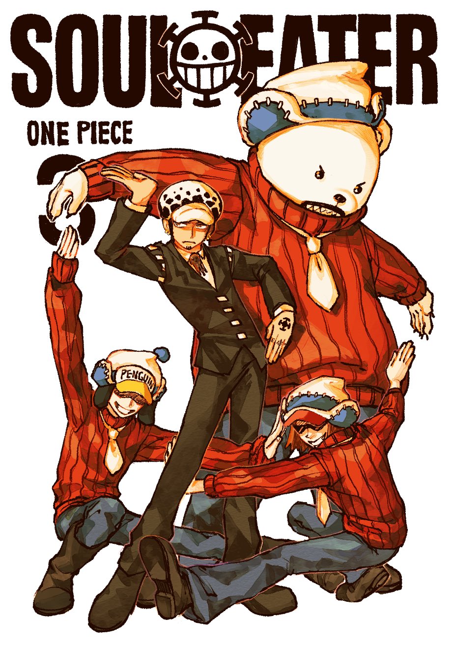 4boys arm_tattoo b_kungya bear bepo black_hair character_name copyright_name covered_eyes crossover facial_hair formal goatee highres male_focus multiple_boys necktie one_piece orange_sweater penguin_(one_piece) redhead shachi_(one_piece) sharp_teeth short_hair smile soul_eater striped striped_sweater sunglasses sweater tattoo teeth trafalgar_law white_headwear white_necktie