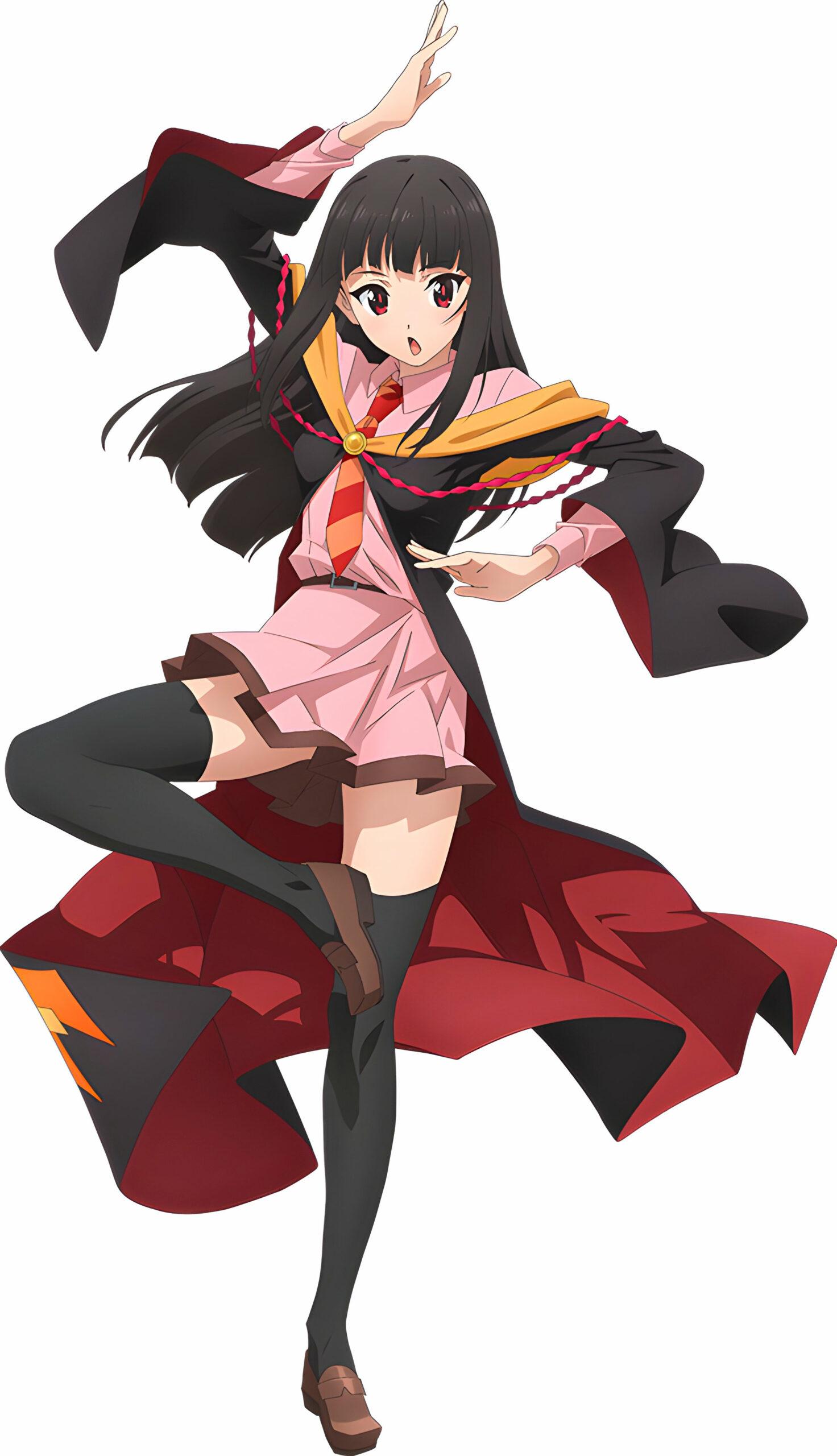 1girl :&lt; absurdres arm_up artist_request belt belt_buckle black_cloak black_hair black_thighhighs blunt_bangs breasts brown_belt brown_footwear buckle cloak crane_stance diagonal-striped_necktie dress floating_clothes foot_up full_body highres knee_up kono_subarashii_sekai_ni_bakuen_wo! kono_subarashii_sekai_ni_shukufuku_wo! loafers long_hair looking_at_viewer necktie nerimaki off_shoulder official_art open_mouth orange_necktie pink_dress promotional_art red_cloak red_necktie school_uniform shoes short_dress simple_background small_breasts solo standing standing_on_one_leg tachi-e thigh-highs third-party_source two-sided_fabric two-tone_cloak white_background zettai_ryouiki