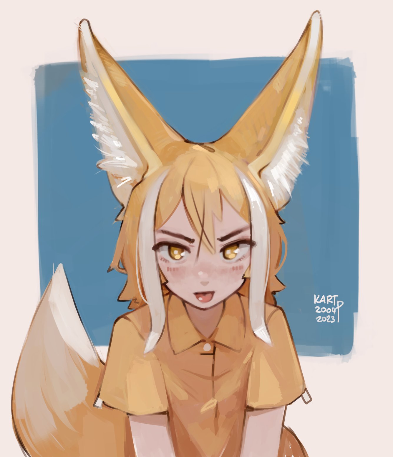 1girl animal_ear_fluff animal_ears blonde_hair blue_background blush brown_shirt closed_mouth collared_shirt crossed_bangs dated fox_ears fox_girl fox_tail grey_background hair_between_eyes highres kart_prowler looking_at_viewer multicolored_hair original shirt short_sleeves signature solo straight-on streaked_hair tail tongue tongue_out two-tone_background upper_body v-shaped_eyebrows white_hair yellow_eyes
