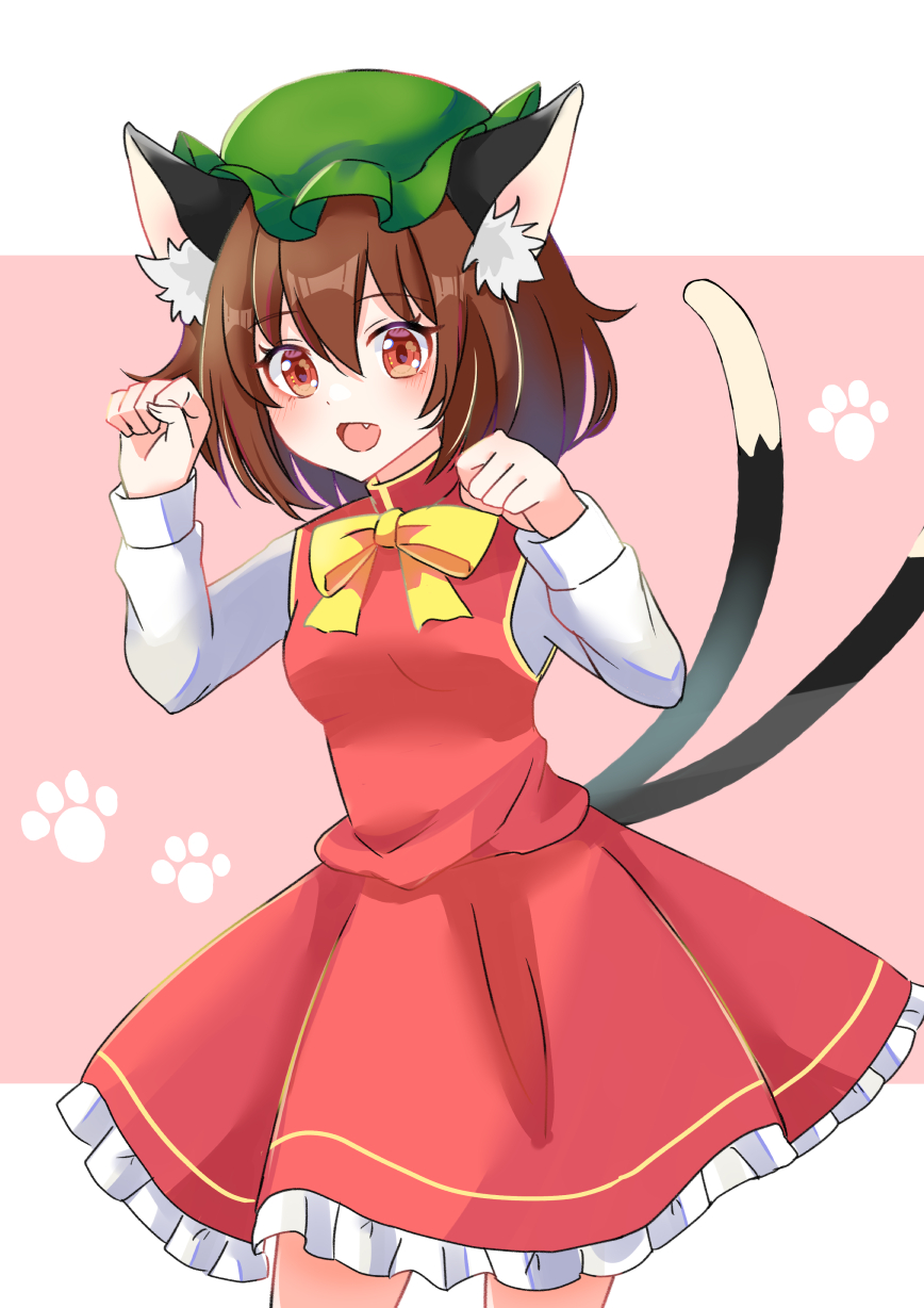 1girl :d animal_ear_fluff animal_ears bow bowtie breasts brown_hair cat_ears cat_tail chen cowboy_shot dress fang gold_trim hair_between_eyes hands_up hat highres long_sleeves medium_hair mob_cap multiple_tails nekomata open_mouth paw_pose paw_print paw_print_background petite petticoat pink_background red_dress red_eyes simple_background small_breasts smile solo tail touhou two_tails yellow_bow yellow_bowtie ying1hua1